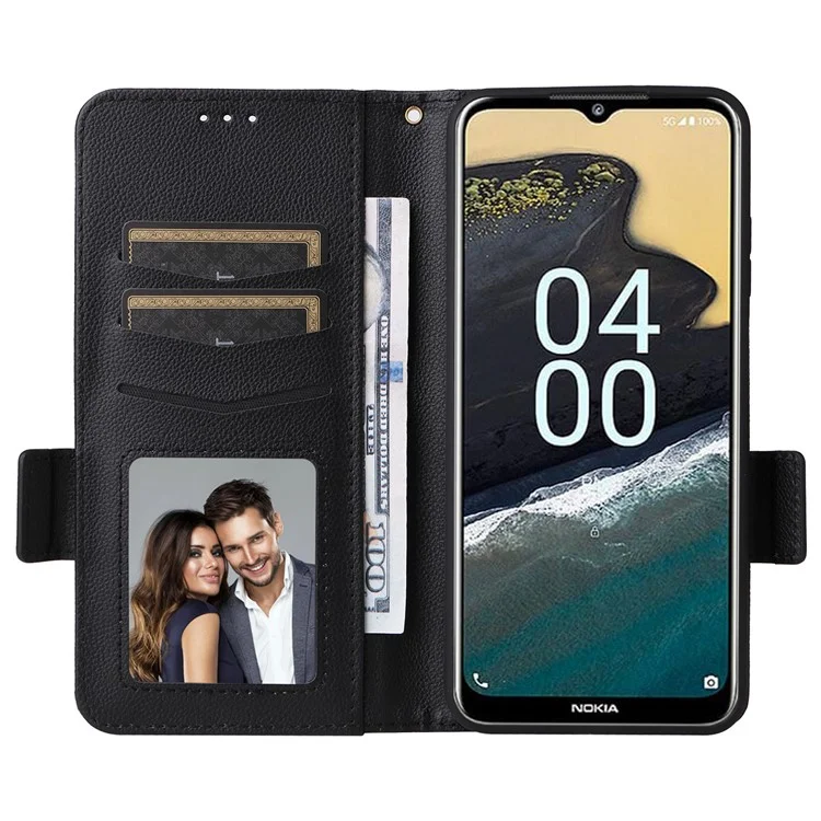 Pour Nokia C300 Litchi Texture PU Leather Case Wallet Stand Anti-Fingerprint Cell Phone Cover with Strap - Noir