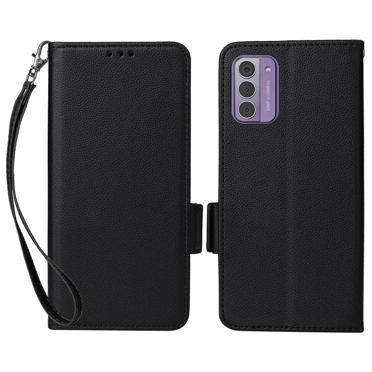 Para Nokia G42 Funda de piel de textura Litchi PU, cartera, soporte, a prueba de golpes, funda para teléfono con correa - Negro