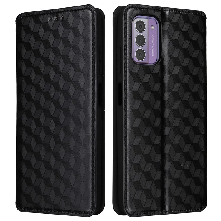 Capa de Telefone para Nokia G42 Rhombus Imprinted Wallet Case Viewing Stand PU Leather Cover - Preto