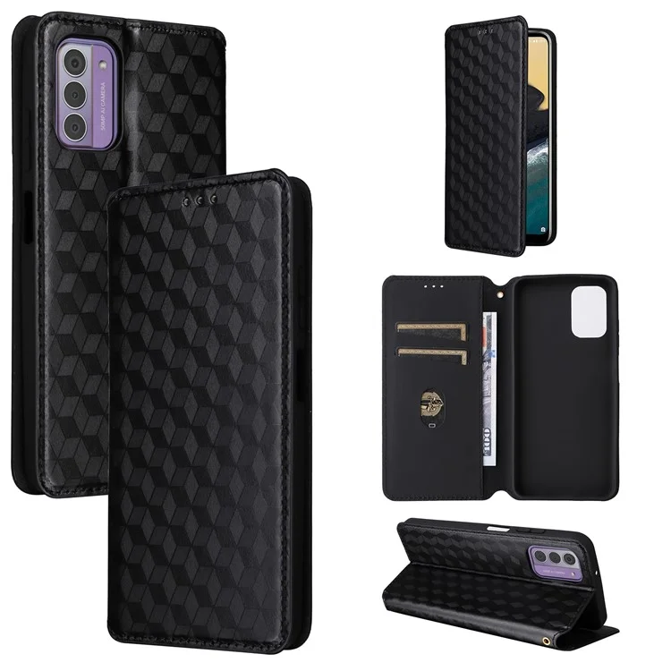 Capa de Telefone para Nokia G42 Rhombus Imprinted Wallet Case Viewing Stand PU Leather Cover - Preto