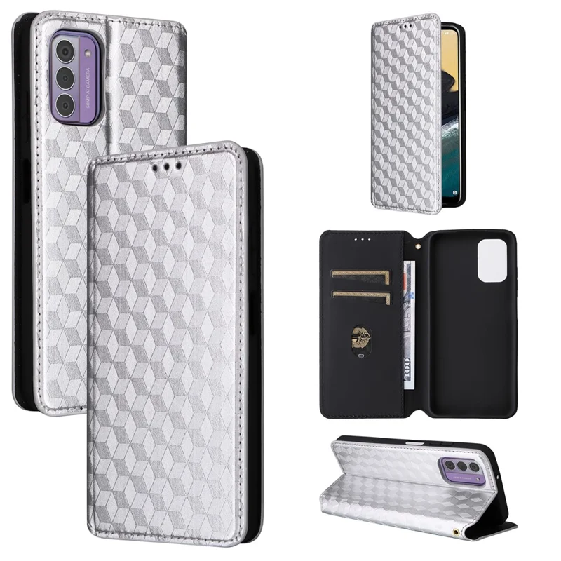 Phone Shell for Nokia G42 Rhombus Imprinted Wallet Case Viewing Stand PU Leather Cover - Silver