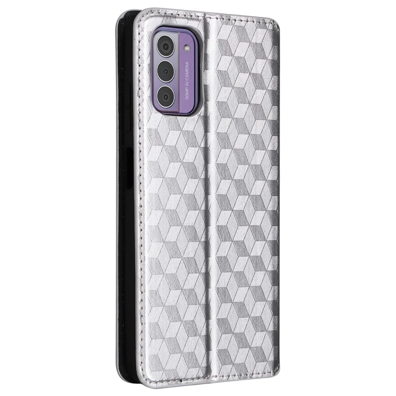 Phone Shell for Nokia G42 Rhombus Imprinted Wallet Case Viewing Stand PU Leather Cover - Silver