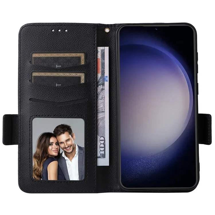 Para Samsung Galaxy S23 FE Anti-scratch Litchi Texture PU Leather Case Wallet Stand Phone Cover with Strap - Black