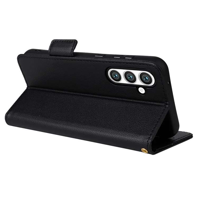 Para Samsung Galaxy S23 FE Anti-scratch Litchi Texture PU Leather Case Wallet Stand Phone Cover with Strap - Black
