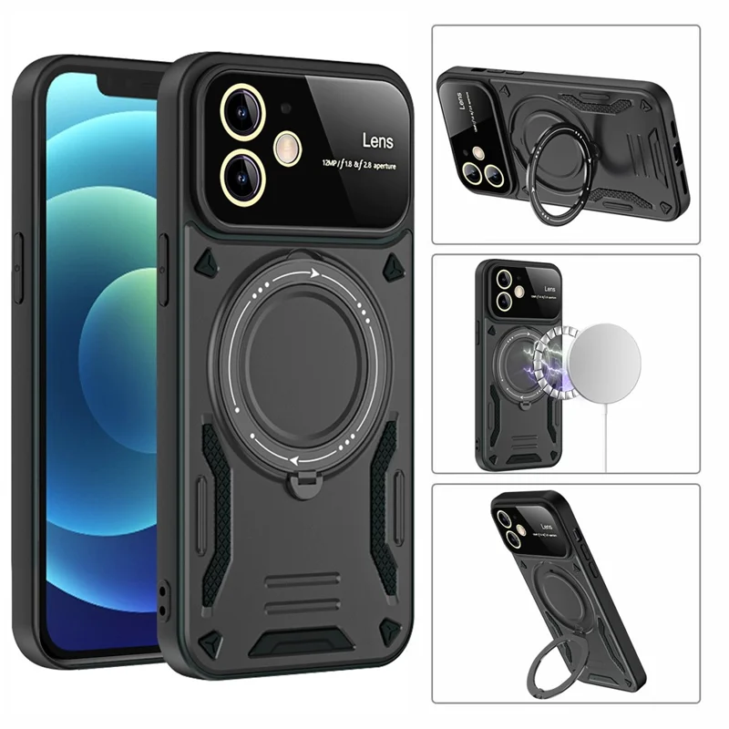 For iPhone 12 6.1 inch Compatible with MagSafe Phone Case PC+TPU Anti-drop Kickstand Cover - Black