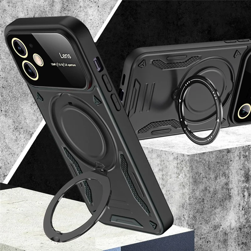 For iPhone 12 6.1 inch Compatible with MagSafe Phone Case PC+TPU Anti-drop Kickstand Cover - Black