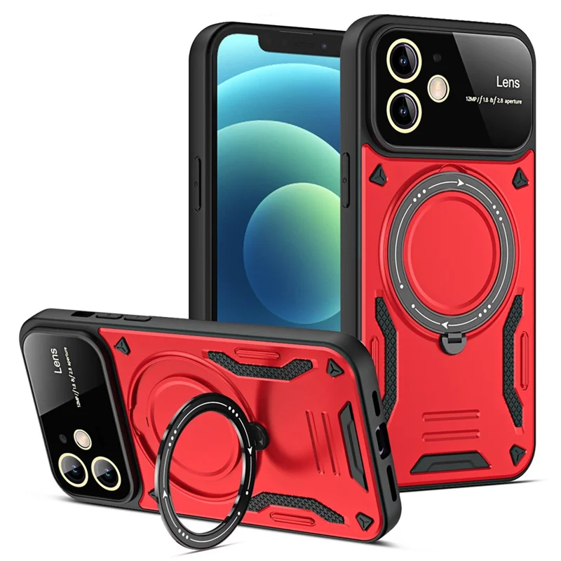 For iPhone 12 6.1 inch Compatible with MagSafe Phone Case PC+TPU Anti-drop Kickstand Cover - Red