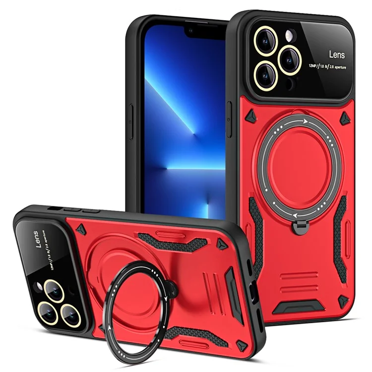 Funda Trasera Back Guard para iPhone 13 Pro de 6.1 pulgadas, Compatible con MagSafe, Soporte Giratorio, Cubierta de Teléfono de PC+TPU - Rojo