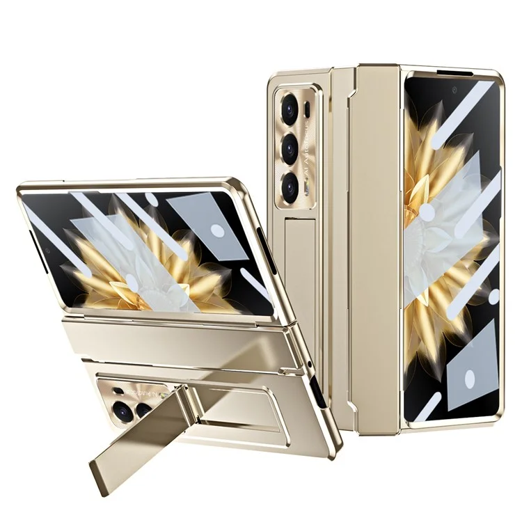 For Honor Magic V2 5G Scharnierschutz Harte PC-Hülle mit Ständer Handyhülle mit gehärteter Glasschutzfolie - Gold