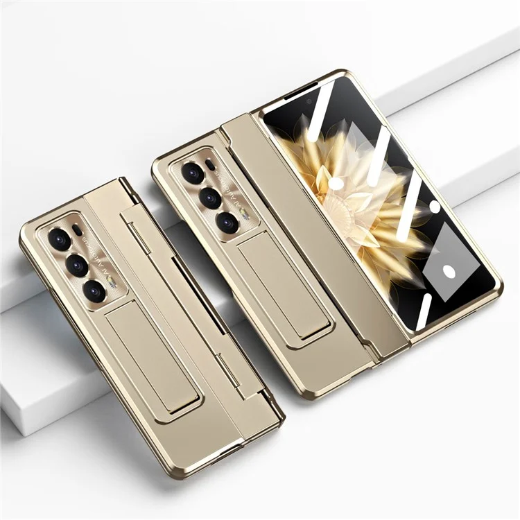 For Honor Magic V2 5G Scharnierschutz Harte PC-Hülle mit Ständer Handyhülle mit gehärteter Glasschutzfolie - Gold