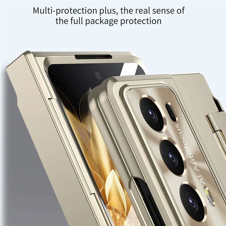 For Honor Magic V2 5G Scharnierschutz Harte PC-Hülle mit Ständer Handyhülle mit gehärteter Glasschutzfolie - Gold