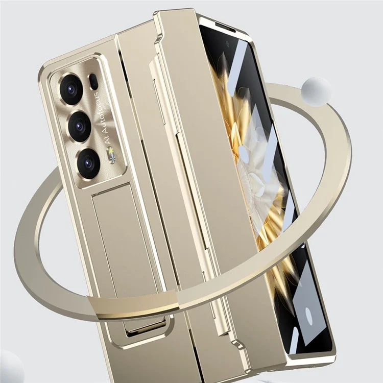 For Honor Magic V2 5G Scharnierschutz Harte PC-Hülle mit Ständer Handyhülle mit gehärteter Glasschutzfolie - Gold