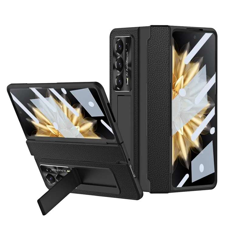 For Honor Magic V2 5G Kickstand Cell Phone Shell Hard PC Cover Case com Película de Vidro Temperado - Tudo Preto