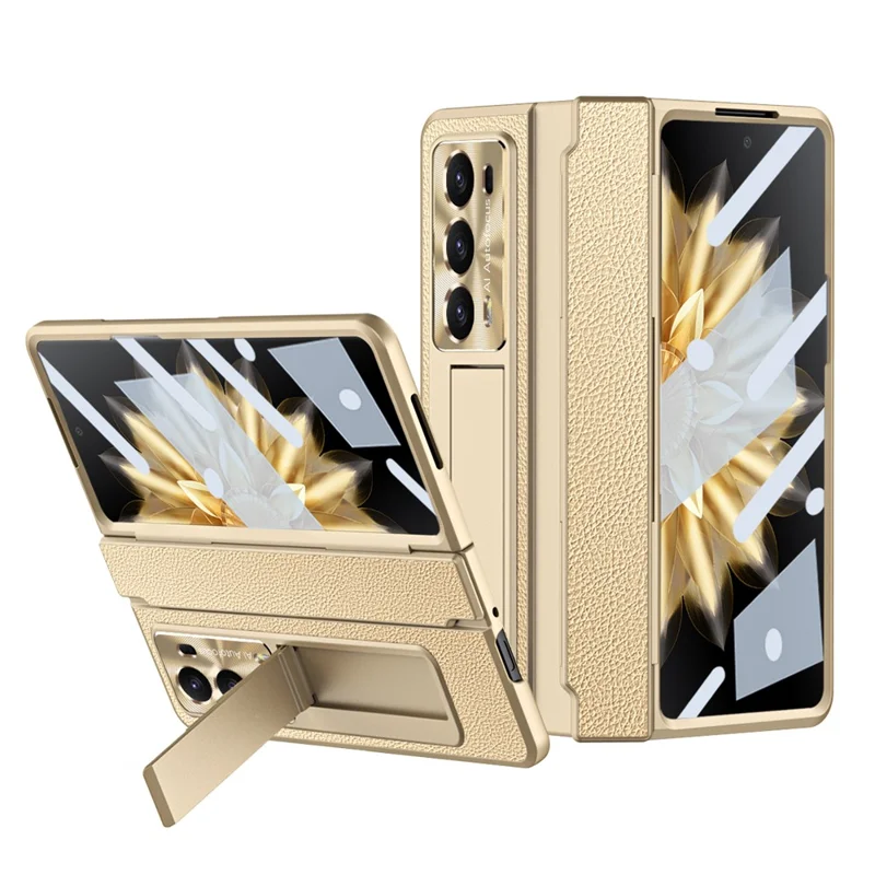 For Honor Magic V2 5G Kickstand Cell Phone Shell Hard PC Cover Case with Tempered Glass Screen Film - All Gold