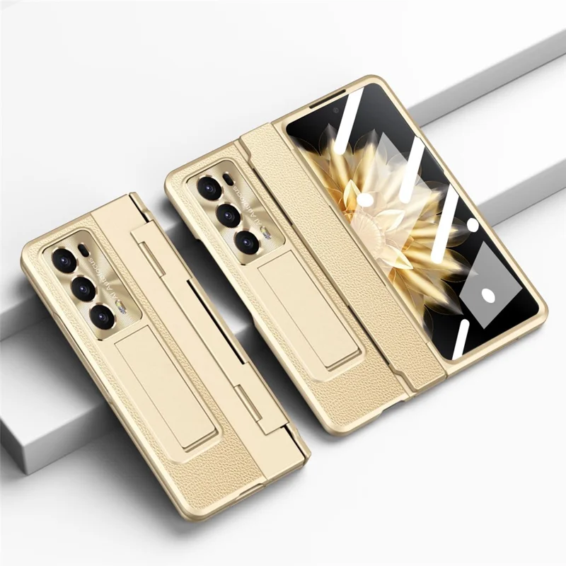 For Honor Magic V2 5G Kickstand Cell Phone Shell Hard PC Cover Case with Tempered Glass Screen Film - All Gold