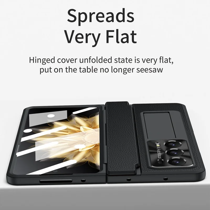 For Honor Magic V2 5G Kickstand Cell Phone Shell Hard PC Cover Case with Tempered Glass Screen Film - Black Gold