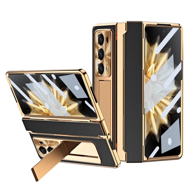 For Honor Magic V2 5G Kickstand Cell Phone Shell Hard PC Cover Case with Tempered Glass Screen Film - Black Gold