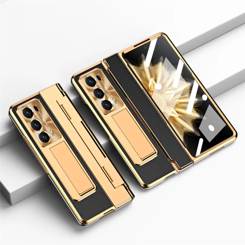 For Honor Magic V2 5G Kickstand Cell Phone Shell Hard PC Cover Case with Tempered Glass Screen Film - Black Gold