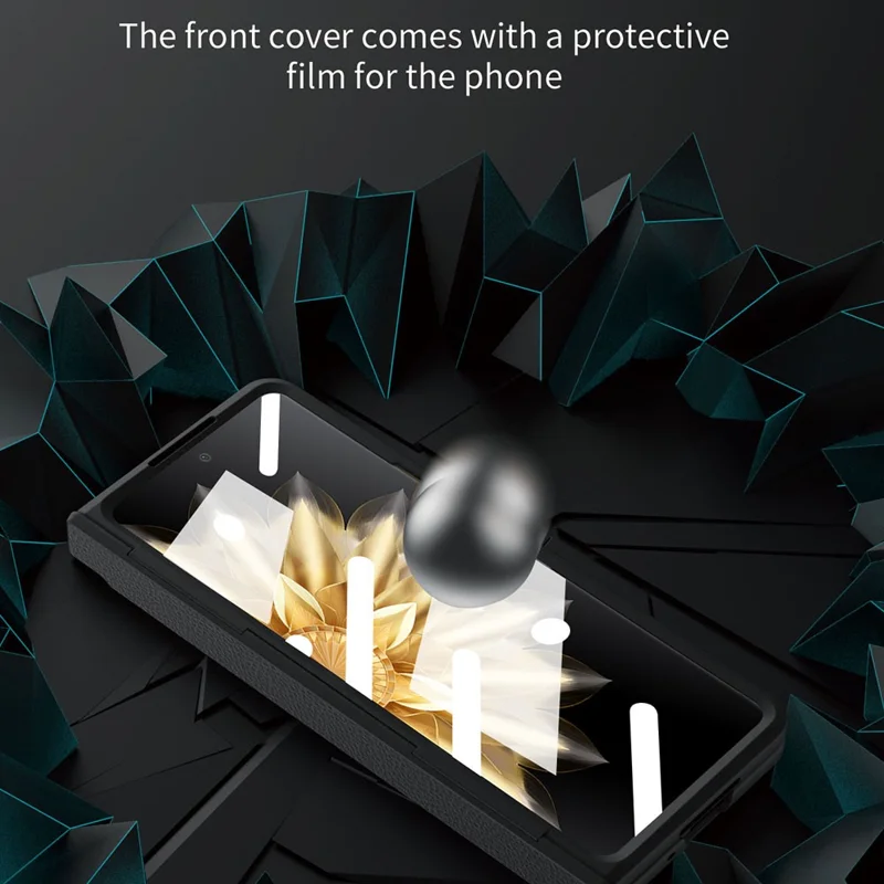 For Honor Magic V2 5G Kickstand Cell Phone Shell Hard PC Cover Case with Tempered Glass Screen Film - Black Gold