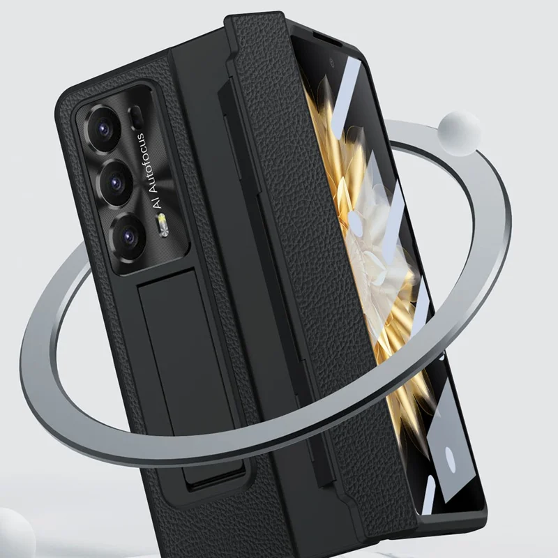 For Honor Magic V2 5G Kickstand Cell Phone Shell Hard PC Cover Case with Tempered Glass Screen Film - Black Gold