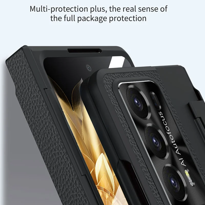 For Honor Magic V2 5G Kickstand Cell Phone Shell Hard PC Cover Case with Tempered Glass Screen Film - Black Gold
