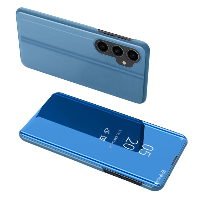 Spiegeloppervlak Shell voor Samsung Galaxy S23 FE, Elektrolytisch Transparant Venster PU Leren Hoes met Stand - Blauw