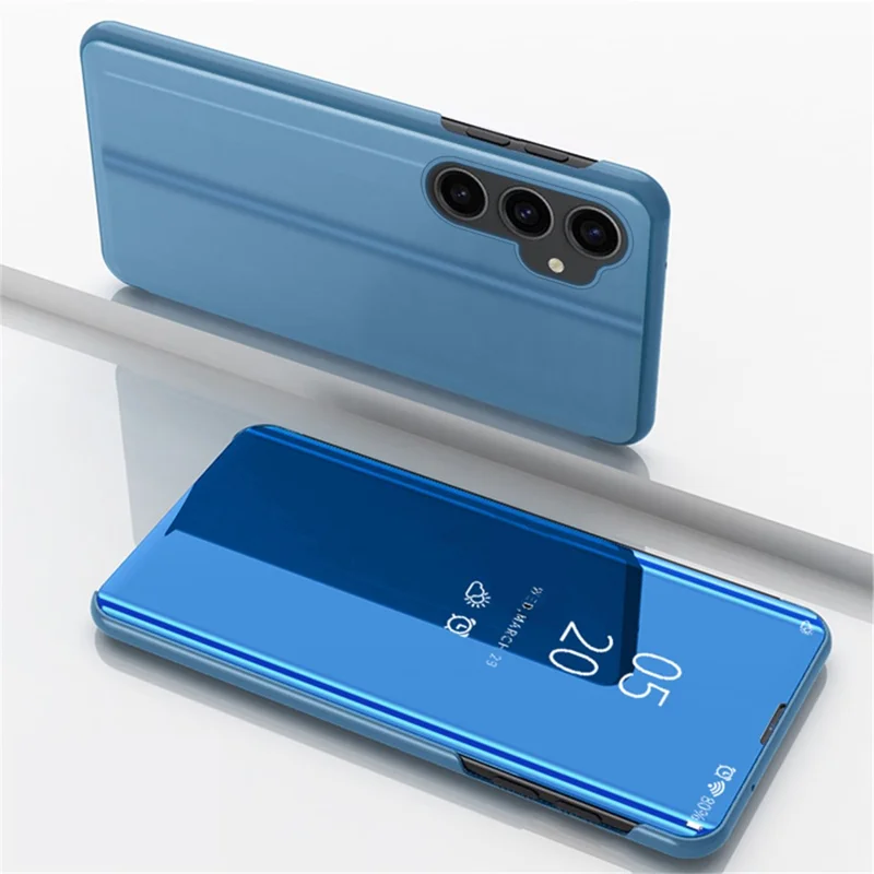 Spiegeloppervlak Shell voor Samsung Galaxy S23 FE, Elektrolytisch Transparant Venster PU Leren Hoes met Stand - Blauw