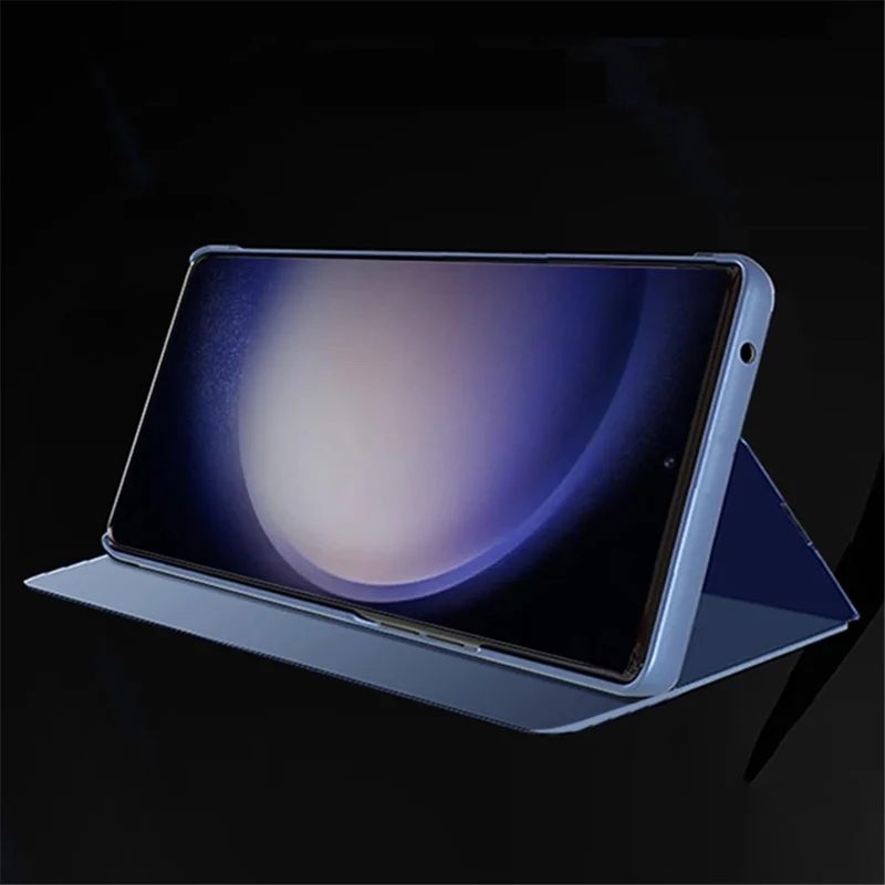 Spiegeloppervlak Shell voor Samsung Galaxy S23 FE, Elektrolytisch Transparant Venster PU Leren Hoes met Stand - Blauw