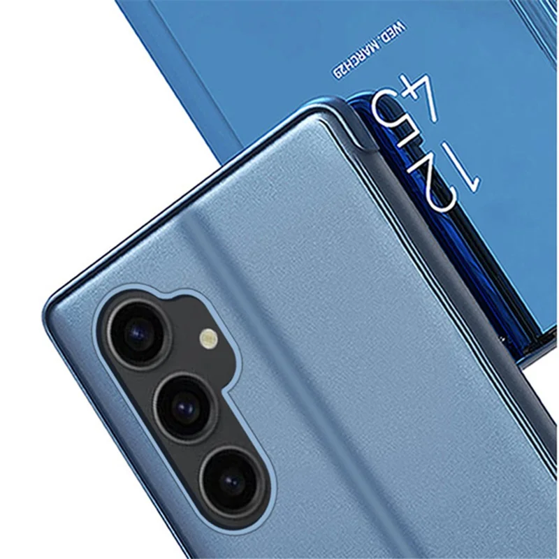 Spiegeloppervlak Shell voor Samsung Galaxy S23 FE, Elektrolytisch Transparant Venster PU Leren Hoes met Stand - Blauw