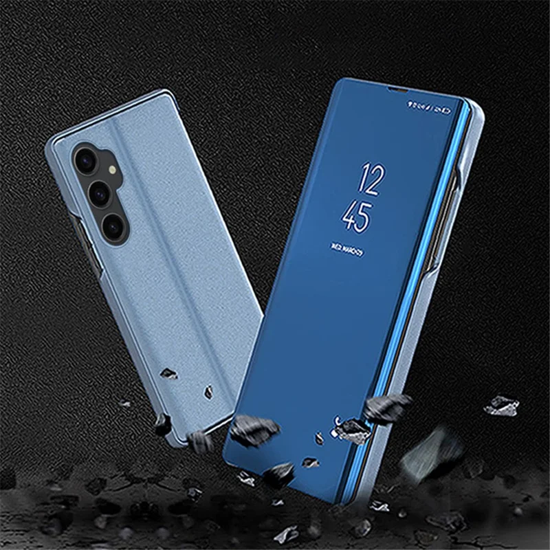 Spiegeloppervlak Shell voor Samsung Galaxy S23 FE, Elektrolytisch Transparant Venster PU Leren Hoes met Stand - Blauw