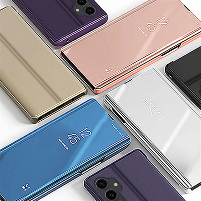 Spiegeloppervlak Shell voor Samsung Galaxy S23 FE, Elektrolytisch Transparant Venster PU Leren Hoes met Stand - Blauw