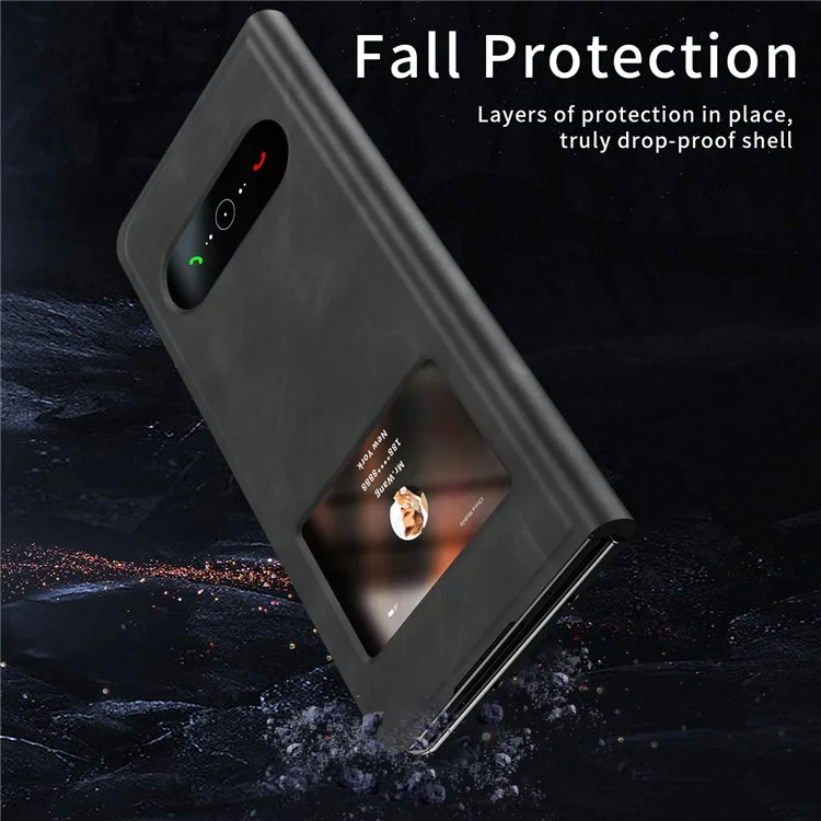 Para Samsung Galaxy Z Fold5 5G Vista Ventana Case de Teléfono Nappa Textura PU Leather + PC Stand Cover - Negro