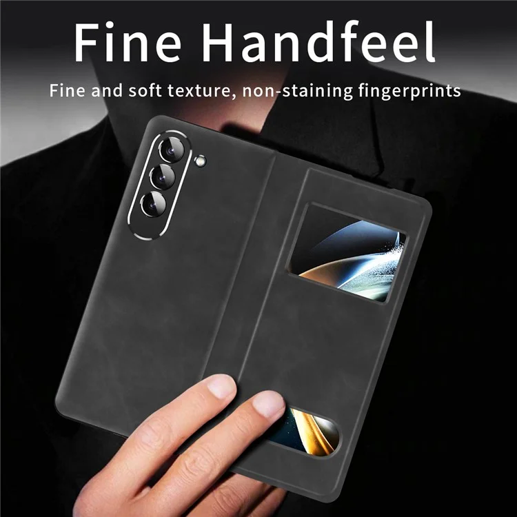 Para Samsung Galaxy Z Fold5 5G Vista Ventana Case de Teléfono Nappa Textura PU Leather + PC Stand Cover - Negro