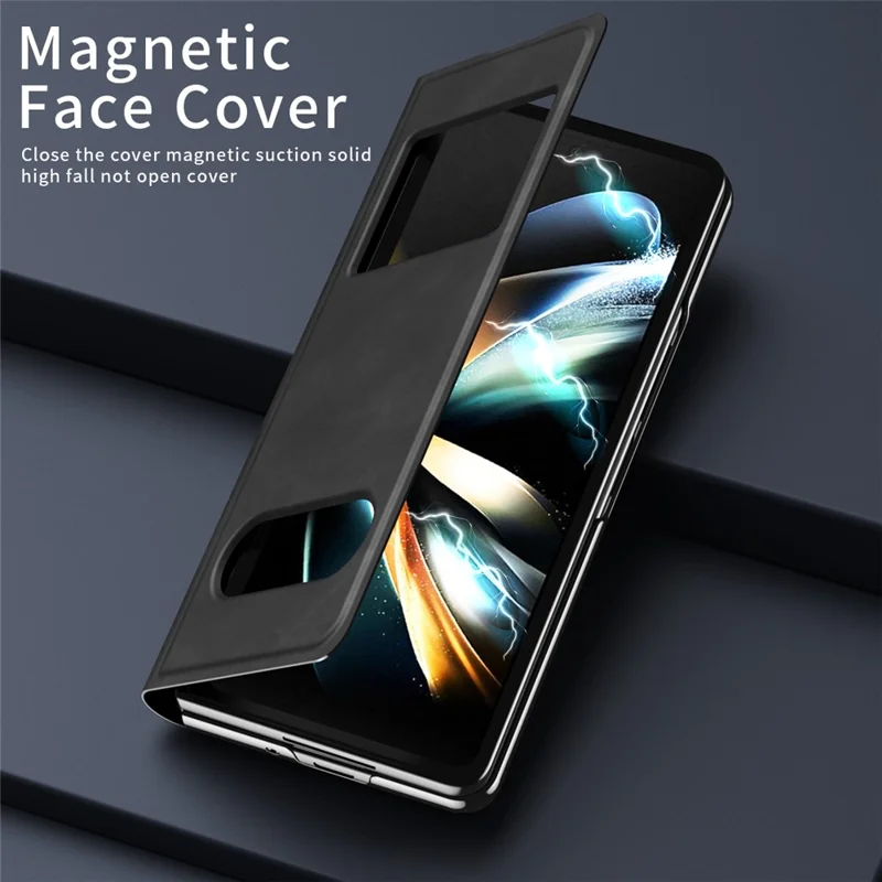 Para Samsung Galaxy Z Fold5 5G Vista Ventana Case de Teléfono Nappa Textura PU Leather + PC Stand Cover - Negro