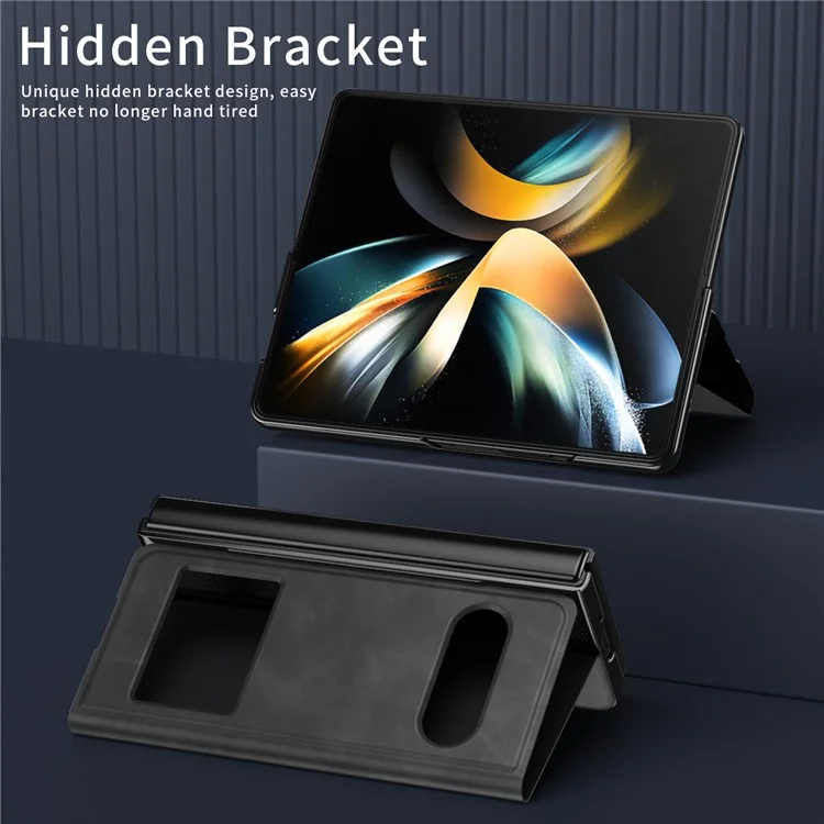 Para Samsung Galaxy Z Fold5 5G Vista Ventana Case de Teléfono Nappa Textura PU Leather + PC Stand Cover - Negro