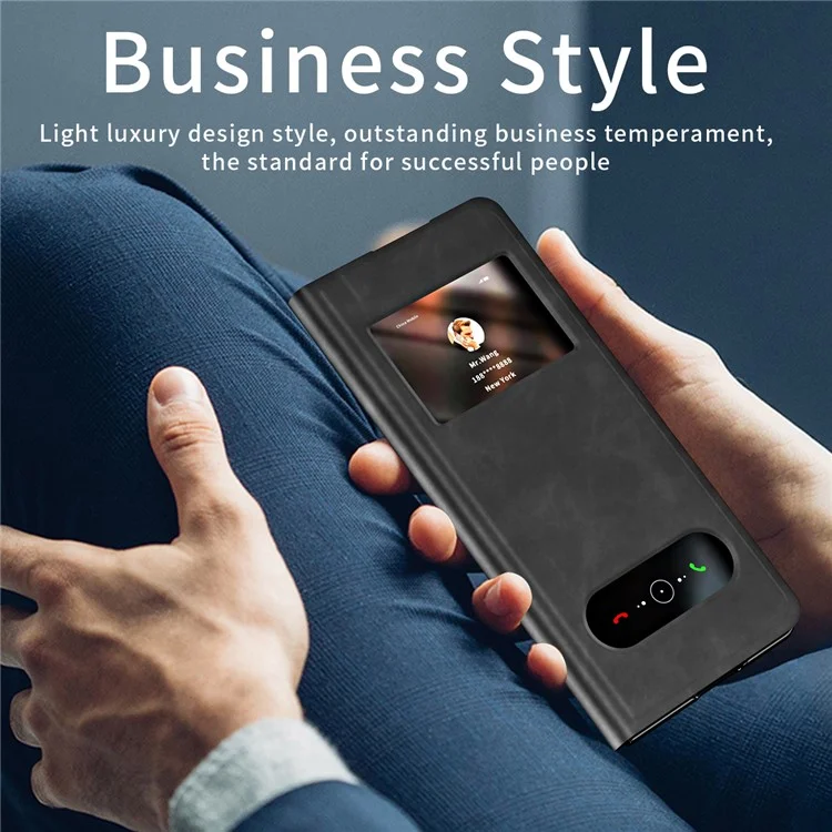 Para Samsung Galaxy Z Fold5 5G Vista Ventana Case de Teléfono Nappa Textura PU Leather + PC Stand Cover - Negro