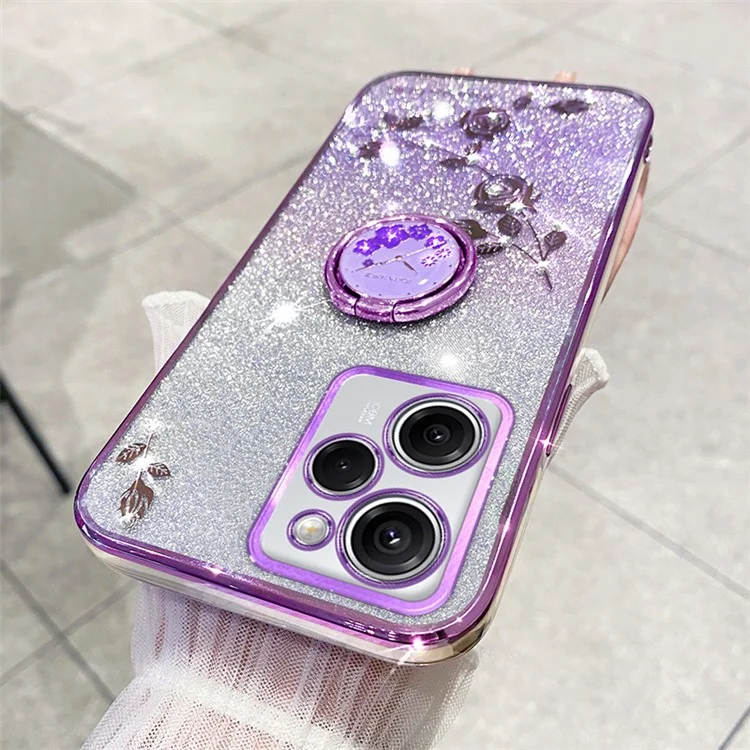 KADEM para Huawei nova Y61 4G / Enjoy 50z 4G Bump Proof Flower Pattern Glitter TPU Funda Protectora Teléfono con Anillo Soporte - Morado