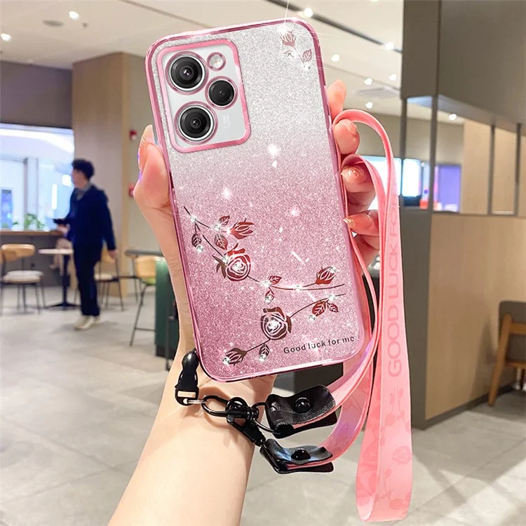 Handyschutzabdeckung Für Huawei Nova Y61 4G / Genießen Sie 50z 4G Blumendesign Strass -glitzer -glitzer -tpu -hülle Mit Riemen - Roségold