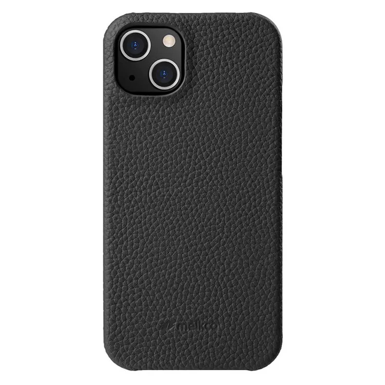 MELKCO Для iPhone 14 Genuine Cow Leather Coated PC Back Cover Anti-drop Phone Case - Чёрный