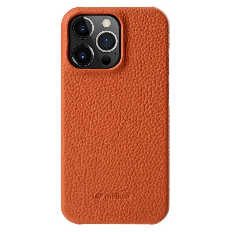 MELKCO Para iPhone 14 Pro Genuíno Couro de Vaca + Capa de Telefone PC Anti-Arranhões - Laranja