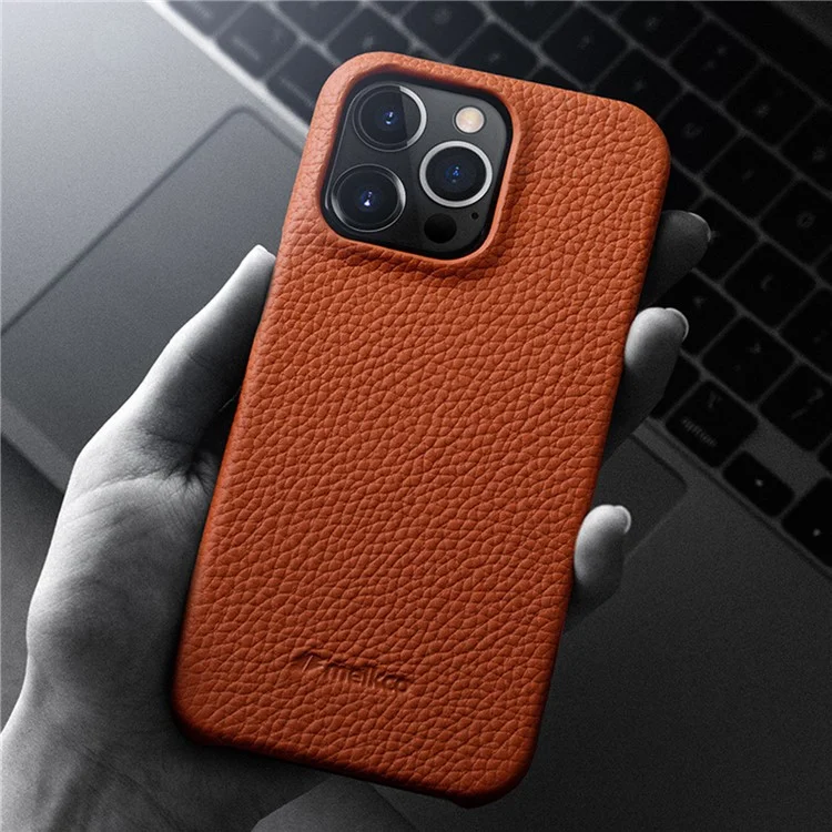MELKCO Para iPhone 14 Pro Genuíno Couro de Vaca + Capa de Telefone PC Anti-Arranhões - Laranja