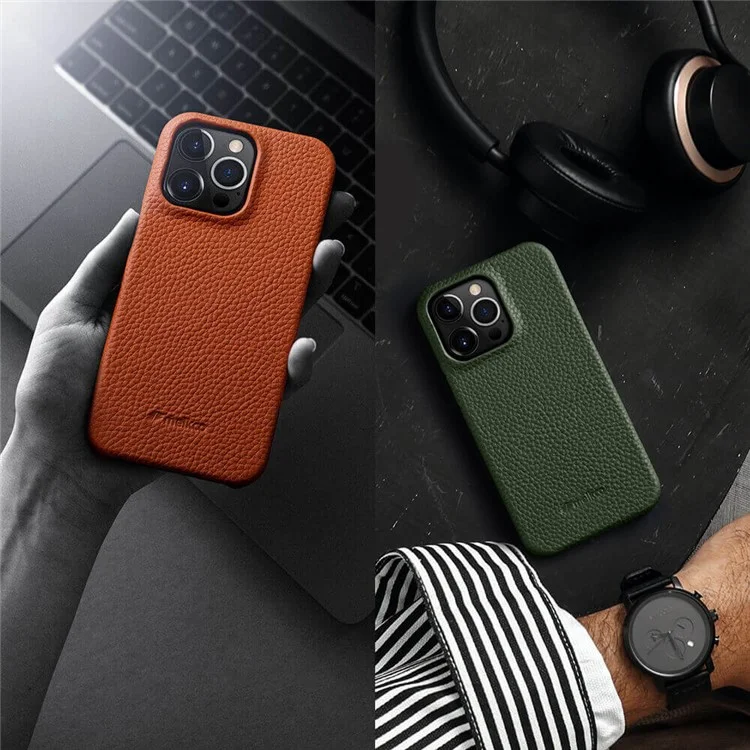 MELKCO Para iPhone 14 Pro Genuíno Couro de Vaca + Capa de Telefone PC Anti-Arranhões - Laranja