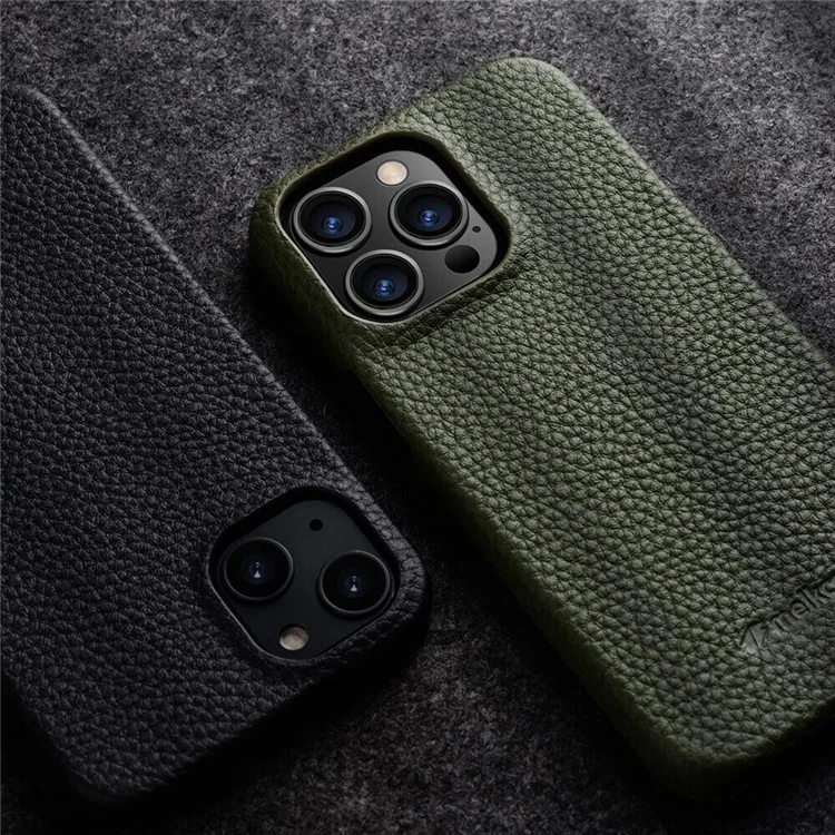 MELKCO Para iPhone 14 Pro Genuíno Couro de Vaca + Capa de Telefone PC Anti-Arranhões - Laranja