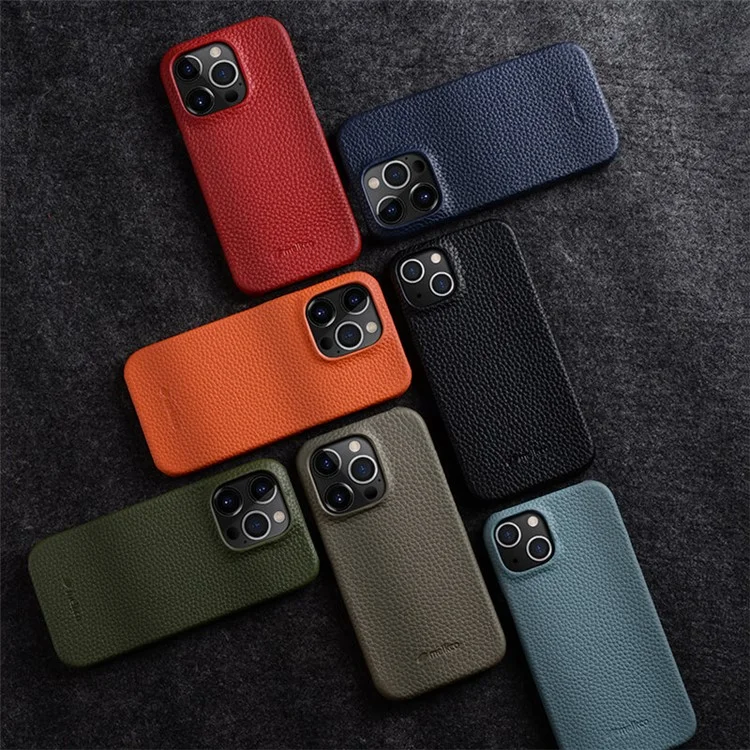 MELKCO Para iPhone 14 Pro Genuíno Couro de Vaca + Capa de Telefone PC Anti-Arranhões - Laranja