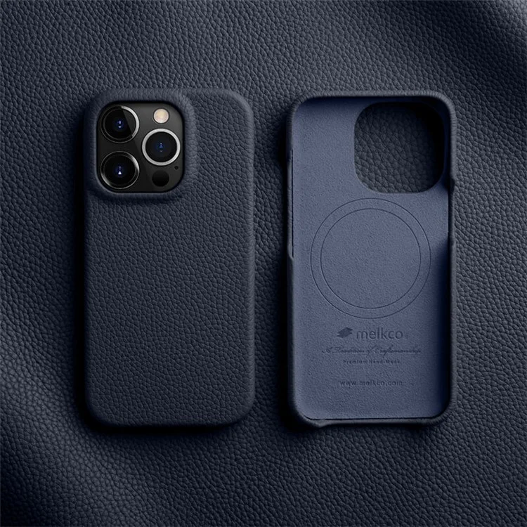 MELKCO для iPhone 14 Pro Genuine Cow Leather Coated PC Phone Case Magnetic Drop-proof Cover - Dark Blue