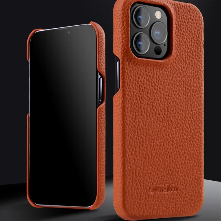 MELKCO для iPhone 14 Pro Genuine Cow Leather Coated PC Phone Case Magnetic Drop-proof Cover - Dark Blue