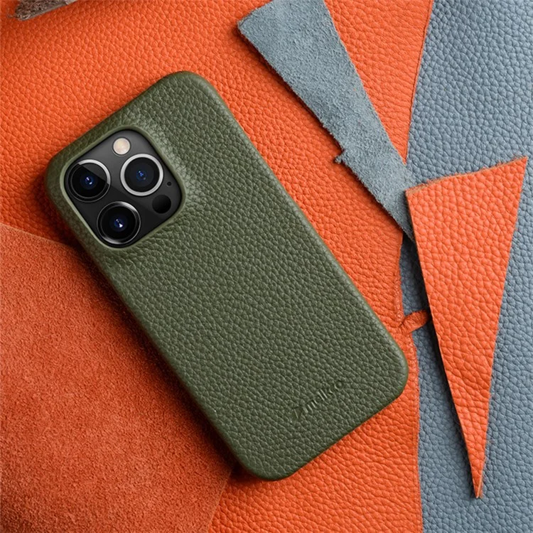 MELKCO для iPhone 14 Pro Genuine Cow Leather Coated PC Phone Case Magnetic Drop-proof Cover - Dark Blue