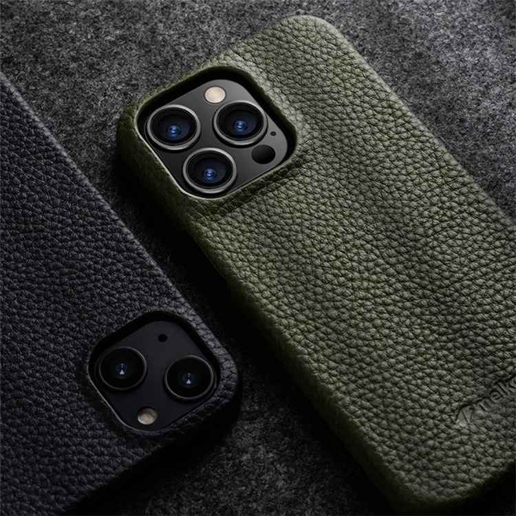 MELKCO для iPhone 14 Pro Genuine Cow Leather Coated PC Phone Case Magnetic Drop-proof Cover - Dark Blue