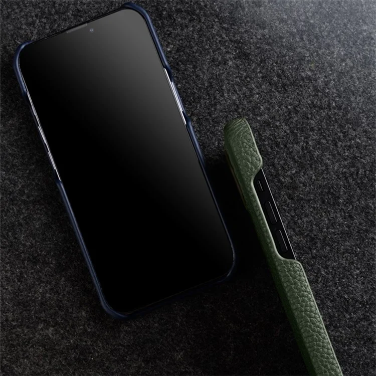 MELKCO для iPhone 14 Pro Genuine Cow Leather Coated PC Phone Case Magnetic Drop-proof Cover - Dark Blue