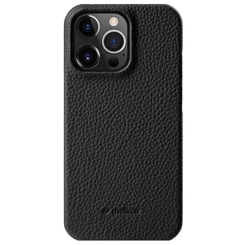 MELKCO For iPhone 13 Pro 6.1 inch Genuine Cow Leather+PC Back Cover Shockproof Phone Case - Black